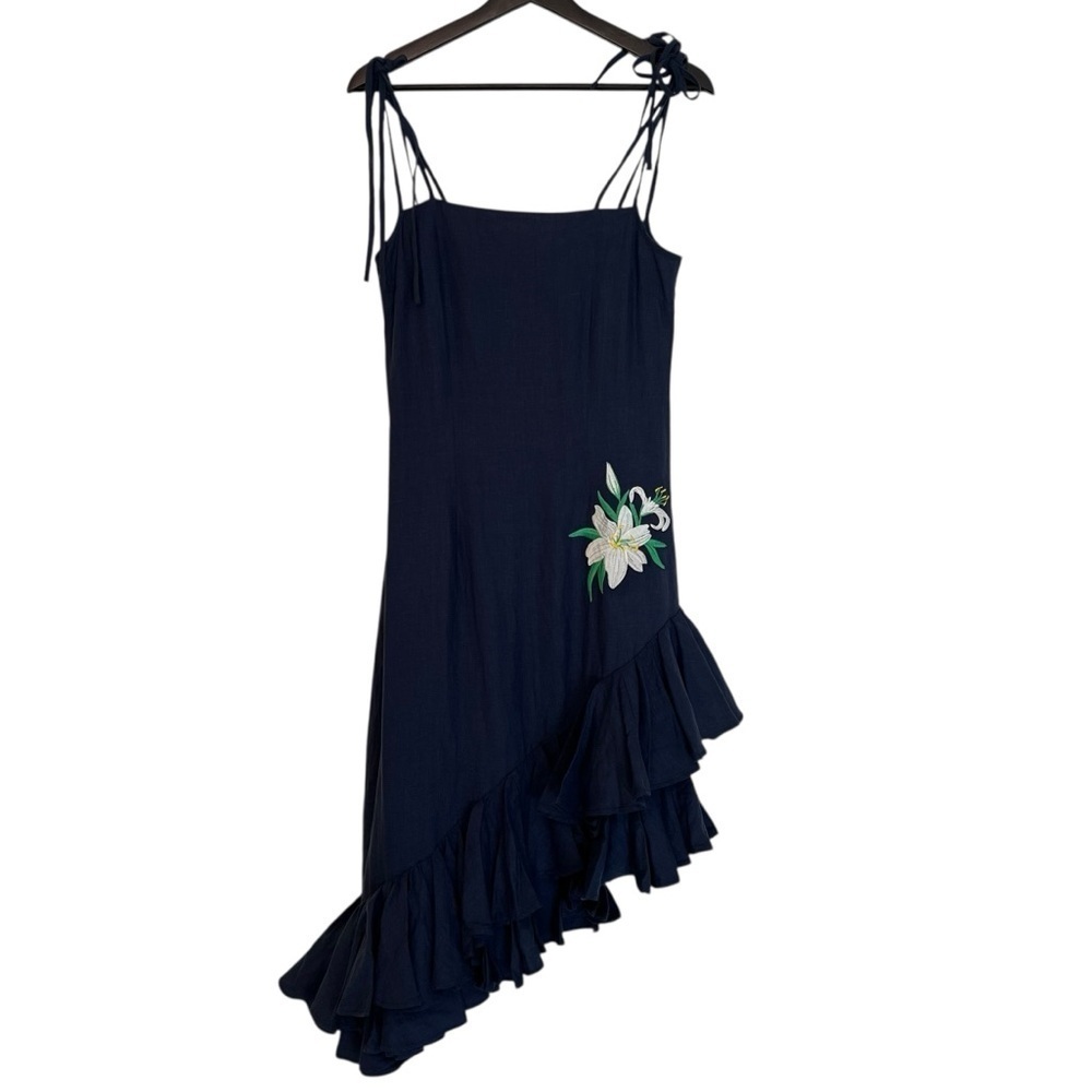 Fanm Mon Freda Asymmetrical Ruffle Linen Midi Dress Indigo Blue Small NWT Party